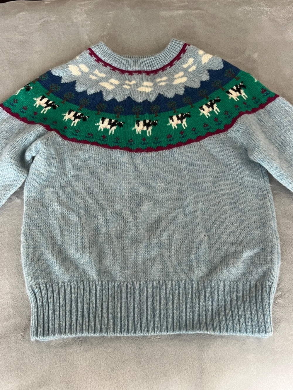 Vintage cow print farm cottagecore wool crew sweater country farmer cartoon blue